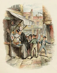 Oliver elámul a Vagány „munkába állási” módszerén, Charles Dickens (1812-70) „Twist Olivér kalandjai” című művéből, 1838, kiadta Chapman és Hall, 1901